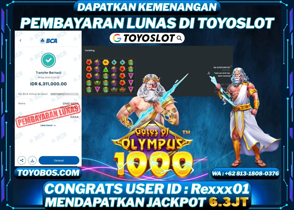 TOYOSLOT - BUKTI KEMENANGAN Gates Of Olympus 1000x Rp6,311,000,- LUNAS